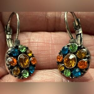 Dainty Petite Colorful Round Rhinestone Covered Lever Back Silver Tone Earrings